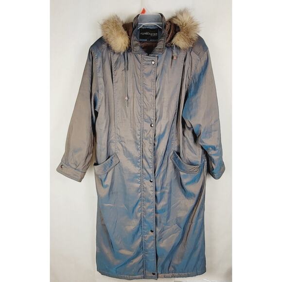 Vintage Forecaster of Boston grey iridescent nylon trench Large fur lined hood - Picture 1 of 11